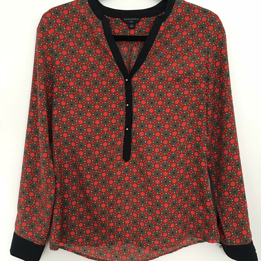 Tan, Bright Orange/Red and Navy Patterned Blouse